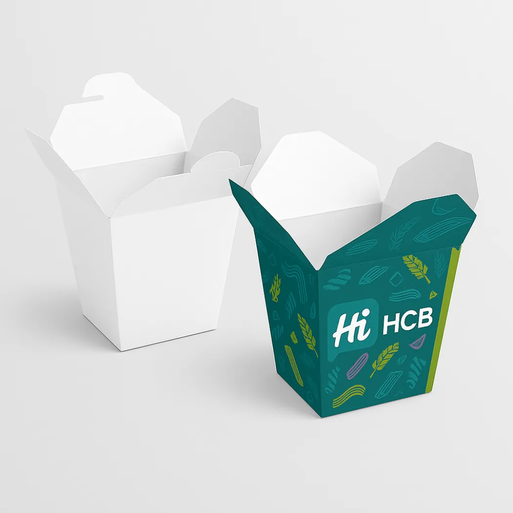 Two open-top takeaway pasta pails- one plain white and one teal with colourful branded illustrations- class=